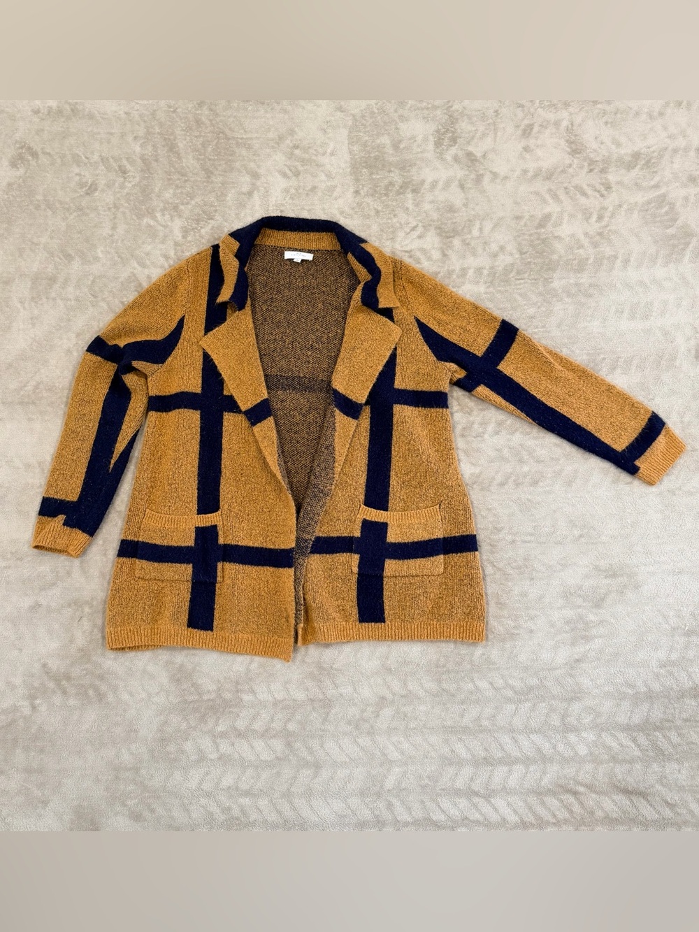 New Directions Plaid Cardigan Sweater Brown Blue Open Front Pockets L